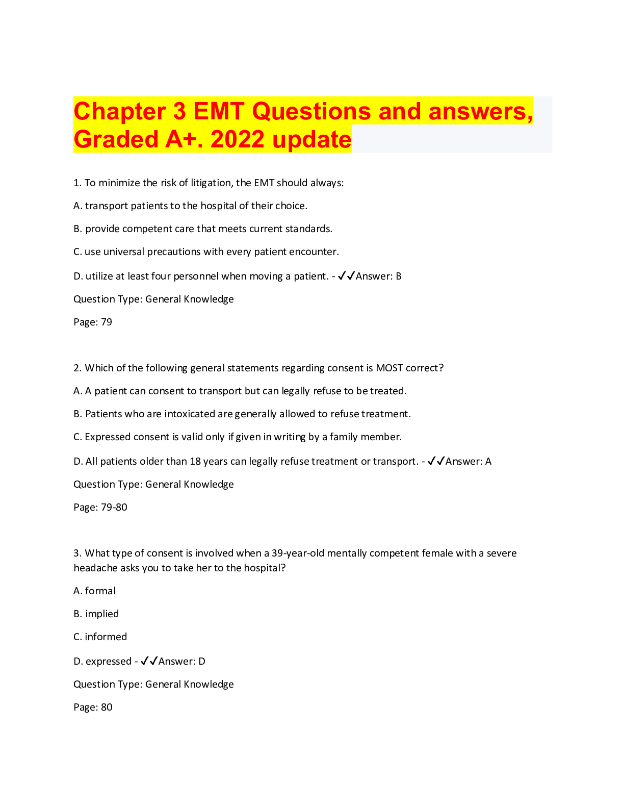 Preview image for Chapter 3 EMT Questions and answers, Graded A+. 2022 update